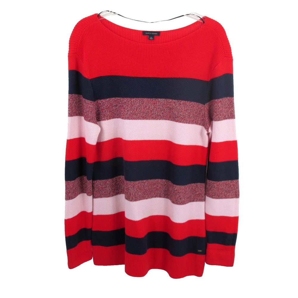 TOMMY HILFIGER Women Large Multicolor Stripe Nautical Waffle Knit Sweater